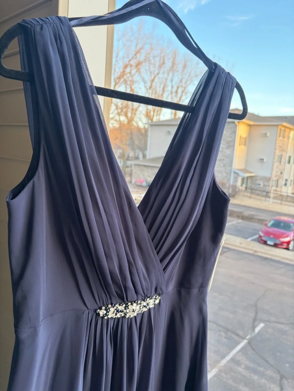🆕🫐 Eliza J Navy Blue Chiffon Hi-Lo Dress Size 10 Formal Evening Wedding Guest - Picture 12 of 17